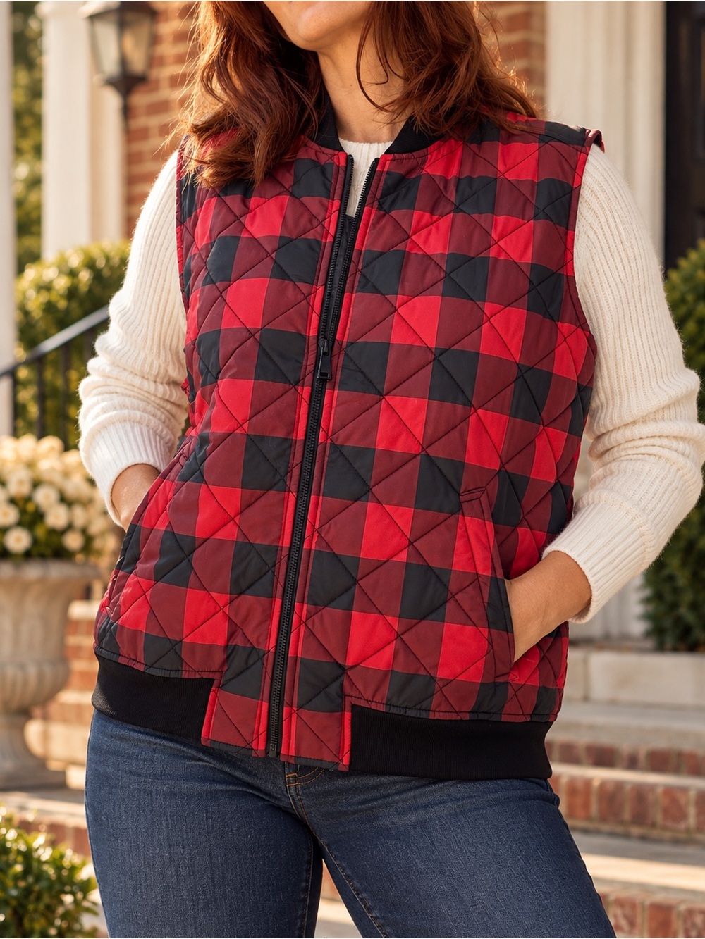 Lauren Ralph Lauren Buffalo Check Quilted Vest Women’s XL Red Black Plaid